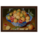 Still Life with Lemons, Oranges, and a Pomegranate by Jacob van Hulsdonck | Vintage Art Print - Framed Canvas - 30x45 cm / 12x18″ - Dark wood frame