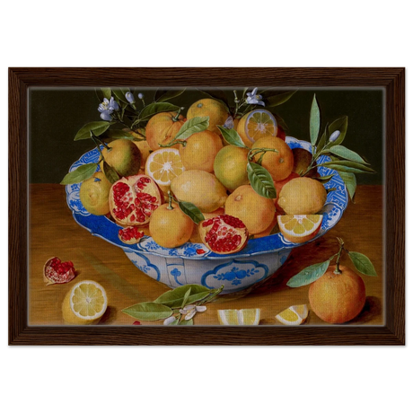 Still Life with Lemons, Oranges, and a Pomegranate by Jacob van Hulsdonck | Vintage Art Print - Framed Canvas - 30x45 cm / 12x18″ - Dark wood frame