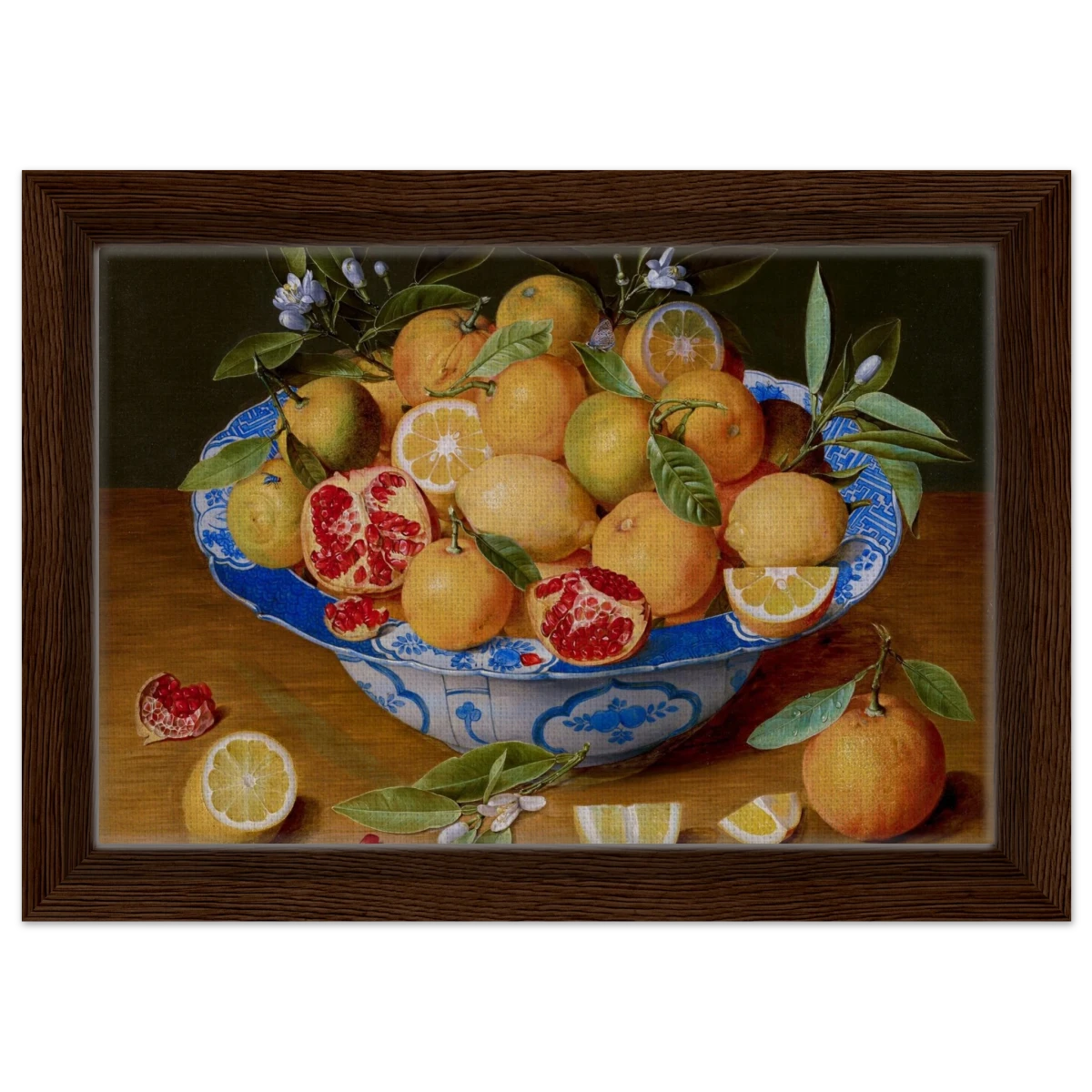 Still Life with Lemons, Oranges, and a Pomegranate by Jacob van Hulsdonck | Vintage Art Print - Framed Canvas - 20x30 cm / 8x12″ - Dark wood frame