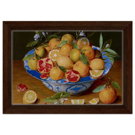Still Life with Lemons, Oranges, and a Pomegranate by Jacob van Hulsdonck | Vintage Art Print - Framed Canvas - 20x30 cm / 8x12″ - Dark wood frame