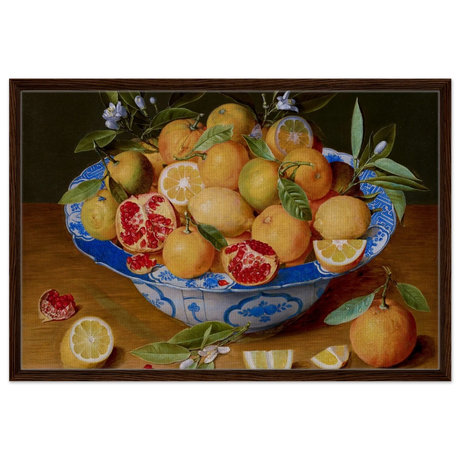 Still Life with Lemons, Oranges, and a Pomegranate by Jacob van Hulsdonck | Vintage Art Print - Framed Canvas - 60x90 cm / 24x36″ - Dark wood frame