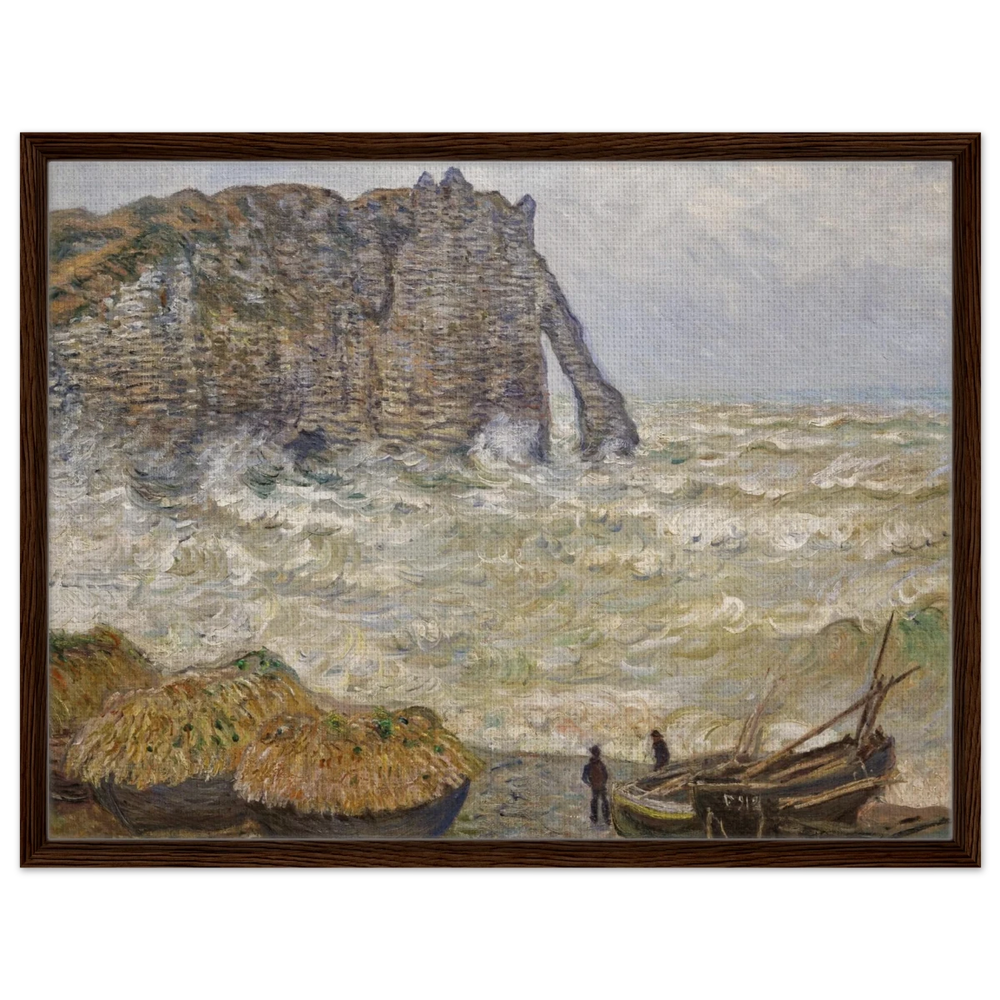 Stormy Sea at Étretat by Claude Monet | Wall art Print - Framed Canvas - 60x80 cm / 24x32″ - Dark wood frame