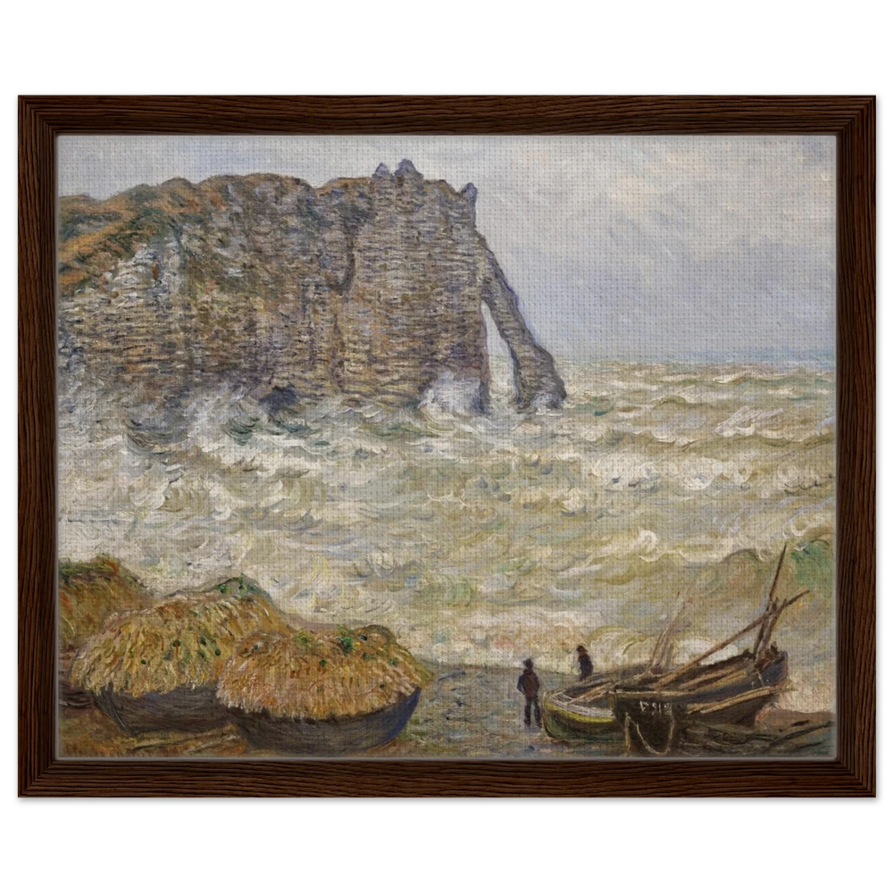 Stormy Sea at Étretat by Claude Monet | Wall art Print - Framed Canvas - 40x50 cm / 16x20″ - Dark wood frame