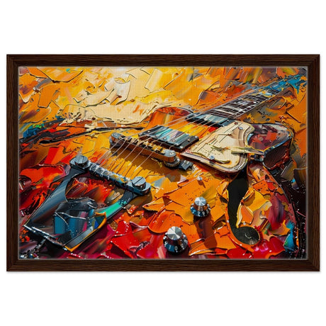 Strings of Fire: Abstract Guitar Art | Abstract Pop Art wall art print - Framed Canvas - 40x60 cm / 16x24″ - Dark wood frame