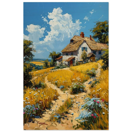 Summer Serenity: Cottage in the Meadow | Modern Wall art print | Nature art - Wood Prints - 60x90 cm / 24x36″ - 