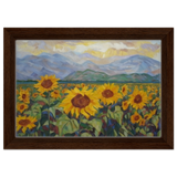 Sunlit Field of Sunflowers – Landscape Floral Wall Art Print - Framed Canvas - 20x30 cm / 8x12″ - Dark wood frame