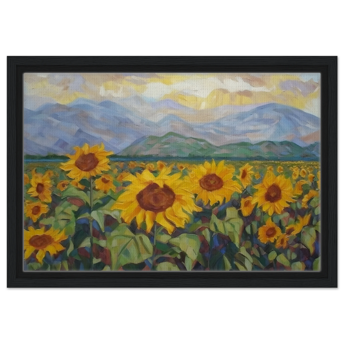 Sunlit Field of Sunflowers – Landscape Floral Wall Art Print - Framed Canvas - 30x45 cm / 12x18″ - Black frame