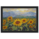 Sunlit Field of Sunflowers – Landscape Floral Wall Art Print - Framed Canvas - 30x45 cm / 12x18″ - Black frame