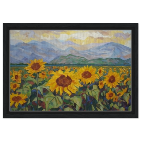 Sunlit Field of Sunflowers – Landscape Floral Wall Art Print - Framed Canvas - 30x45 cm / 12x18″ - Black frame