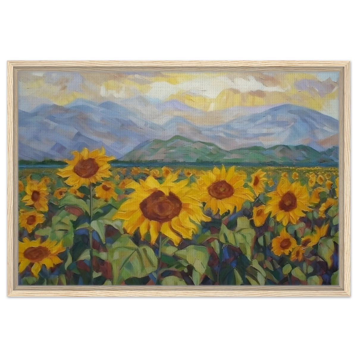 Sunlit Field of Sunflowers – Landscape Floral Wall Art Print - Framed Canvas - 50x75 cm / 20x30″ - Wood frame
