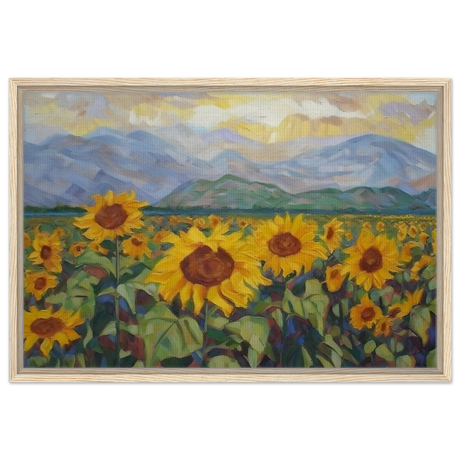 Sunlit Field of Sunflowers – Landscape Floral Wall Art Print - Framed Canvas - 50x75 cm / 20x30″ - Wood frame