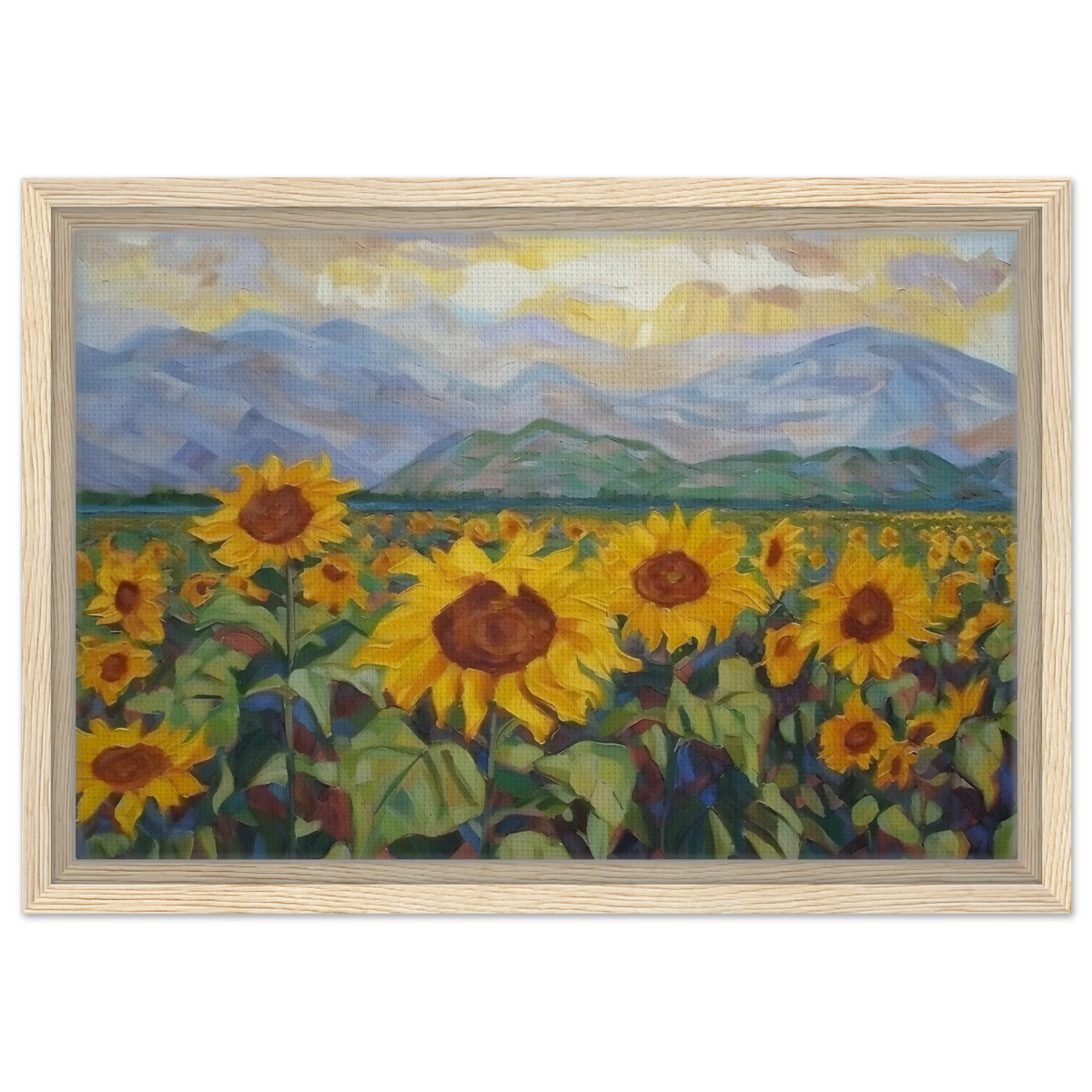 Sunlit Field of Sunflowers – Landscape Floral Wall Art Print - Framed Canvas - 30x45 cm / 12x18″ - Wood frame