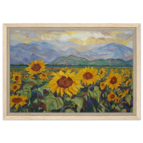 Sunlit Field of Sunflowers – Landscape Floral Wall Art Print - Framed Canvas - 30x45 cm / 12x18″ - Wood frame