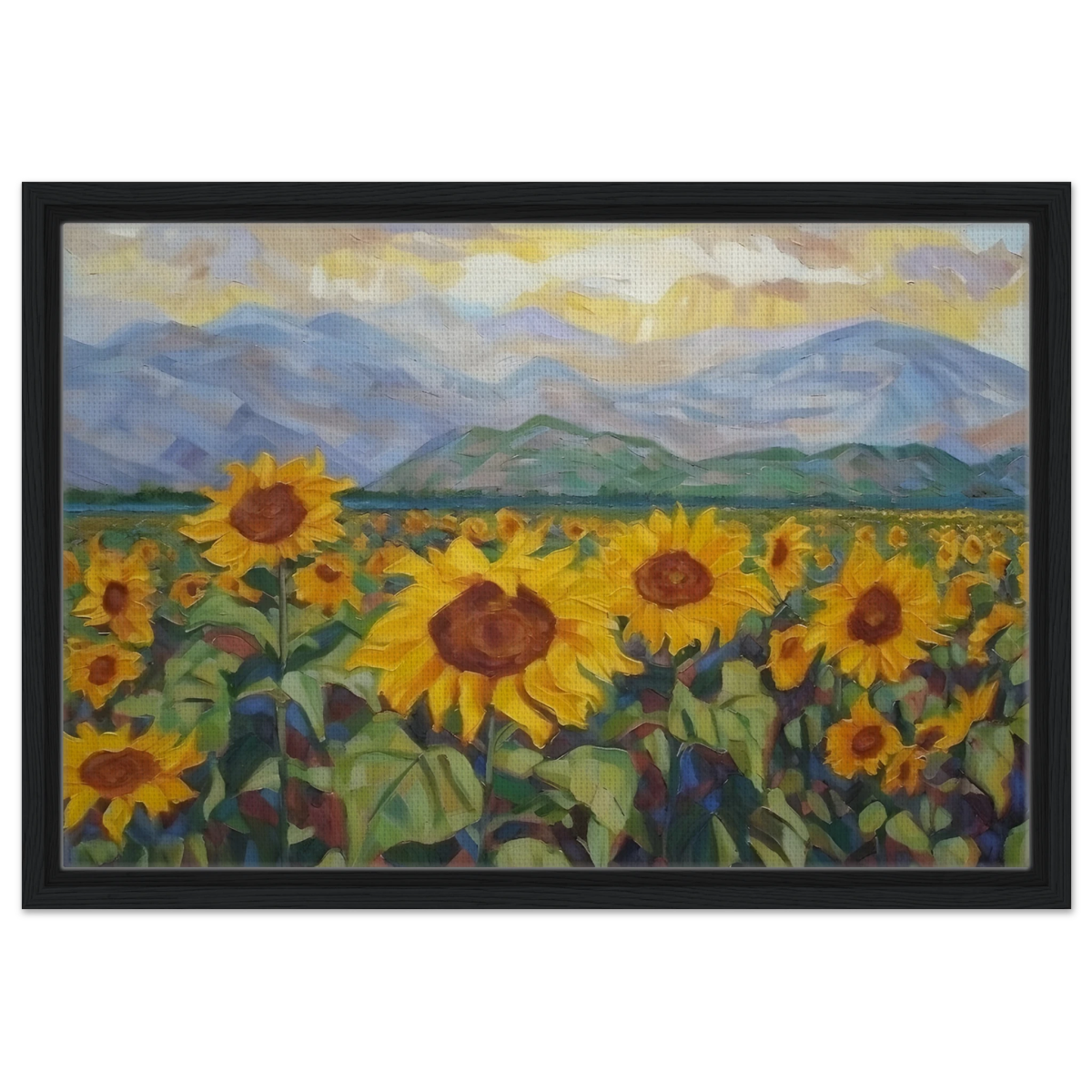 Sunlit Field of Sunflowers – Landscape Floral Wall Art Print - Framed Canvas - 40x60 cm / 16x24″ - Black frame