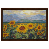 Sunlit Field of Sunflowers – Landscape Floral Wall Art Print - Framed Canvas - 40x60 cm / 16x24″ - Dark wood frame