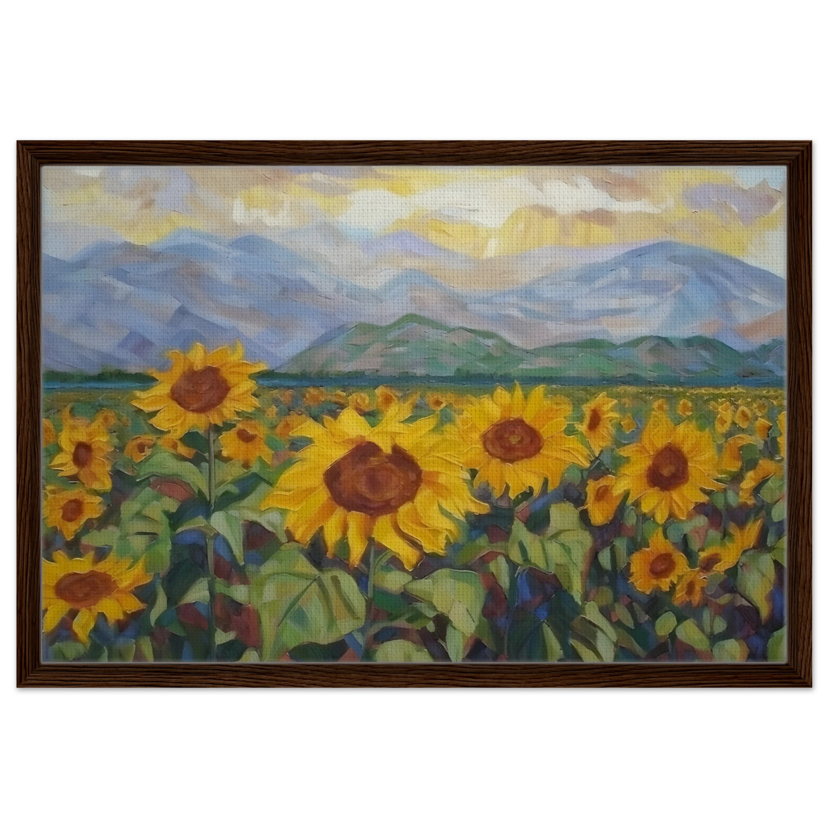 Sunlit Field of Sunflowers – Landscape Floral Wall Art Print - Framed Canvas - 50x75 cm / 20x30″ - Dark wood frame