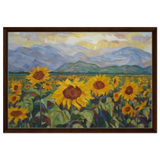Sunlit Field of Sunflowers – Landscape Floral Wall Art Print - Framed Canvas - 50x75 cm / 20x30″ - Dark wood frame
