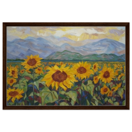 Sunlit Field of Sunflowers – Landscape Floral Wall Art Print - Framed Canvas - 50x75 cm / 20x30″ - Dark wood frame