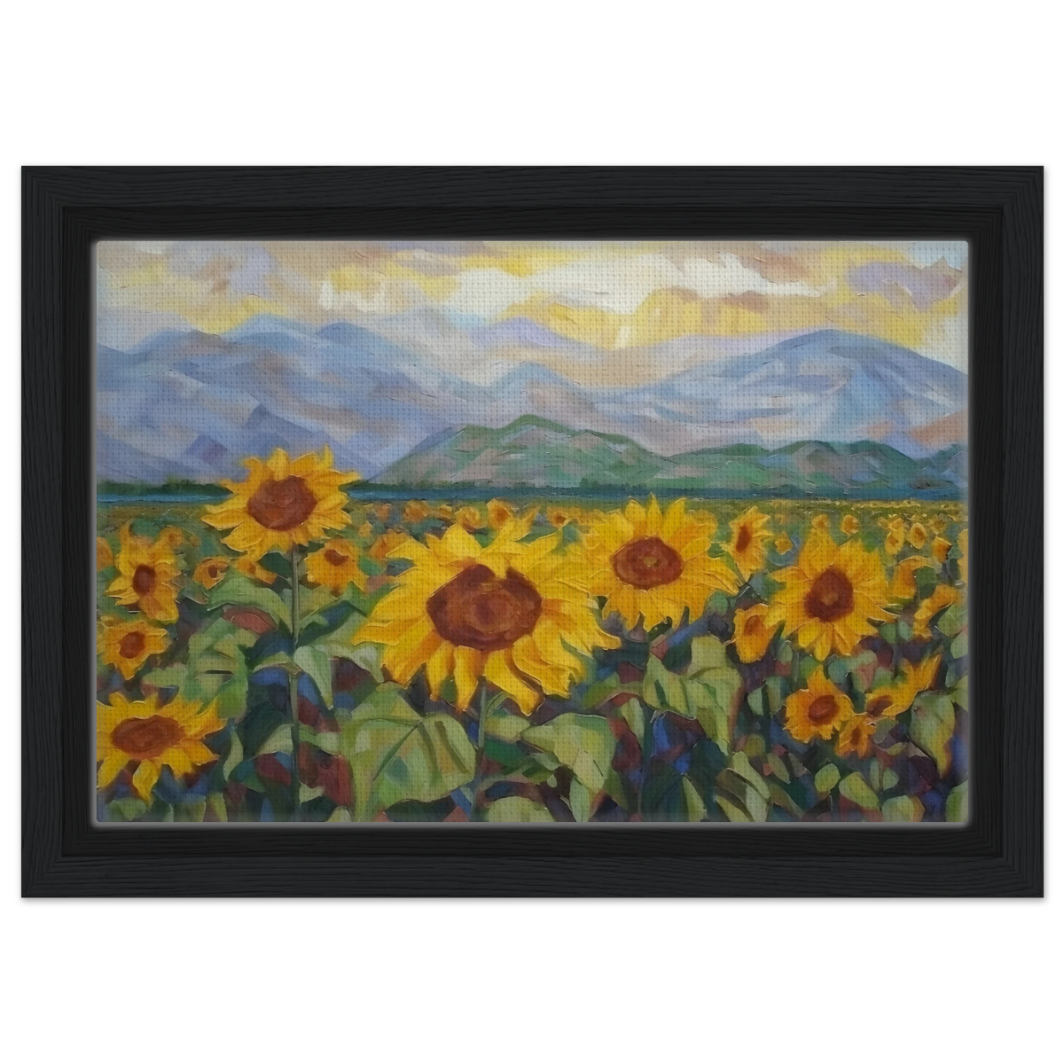 Sunlit Field of Sunflowers – Landscape Floral Wall Art Print - Framed Canvas - 20x30 cm / 8x12″ - Black frame