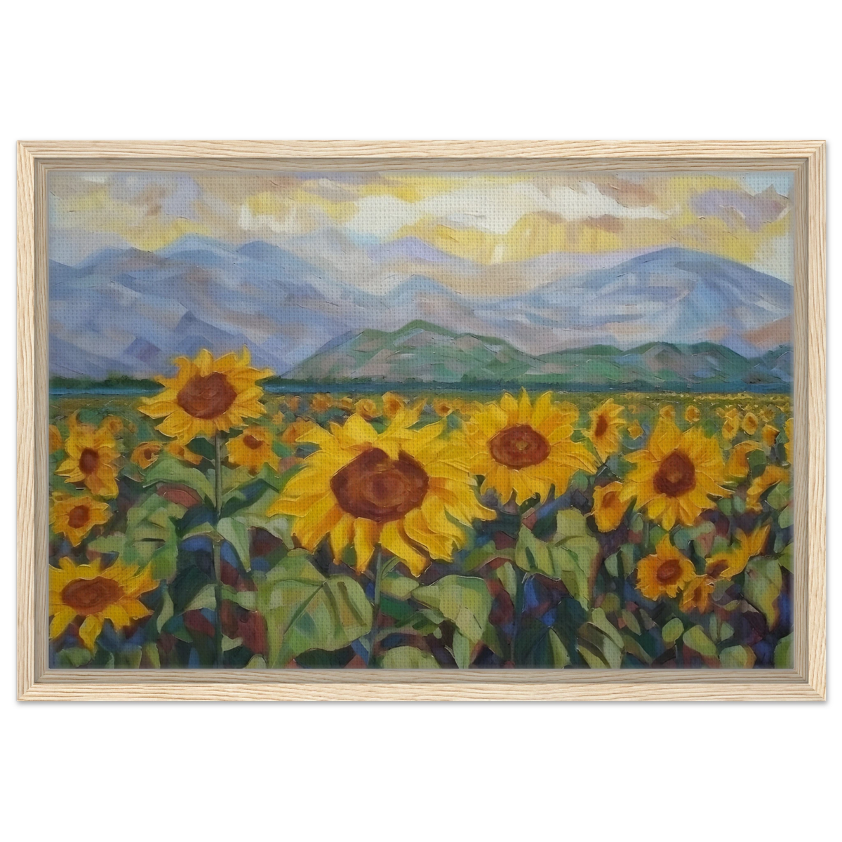 Sunlit Field of Sunflowers – Landscape Floral Wall Art Print - Framed Canvas - 40x60 cm / 16x24″ - Wood frame