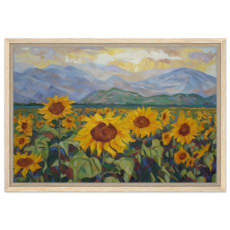 Sunlit Field of Sunflowers – Landscape Floral Wall Art Print - Framed Canvas - 40x60 cm / 16x24″ - Wood frame