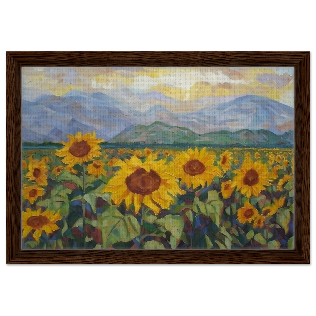 Sunlit Field of Sunflowers – Landscape Floral Wall Art Print - Framed Canvas - 30x45 cm / 12x18″ - Dark wood frame