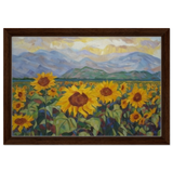 Sunlit Field of Sunflowers – Landscape Floral Wall Art Print - Framed Canvas - 30x45 cm / 12x18″ - Dark wood frame