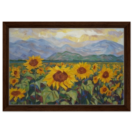 Sunlit Field of Sunflowers – Landscape Floral Wall Art Print - Framed Canvas - 30x45 cm / 12x18″ - Dark wood frame