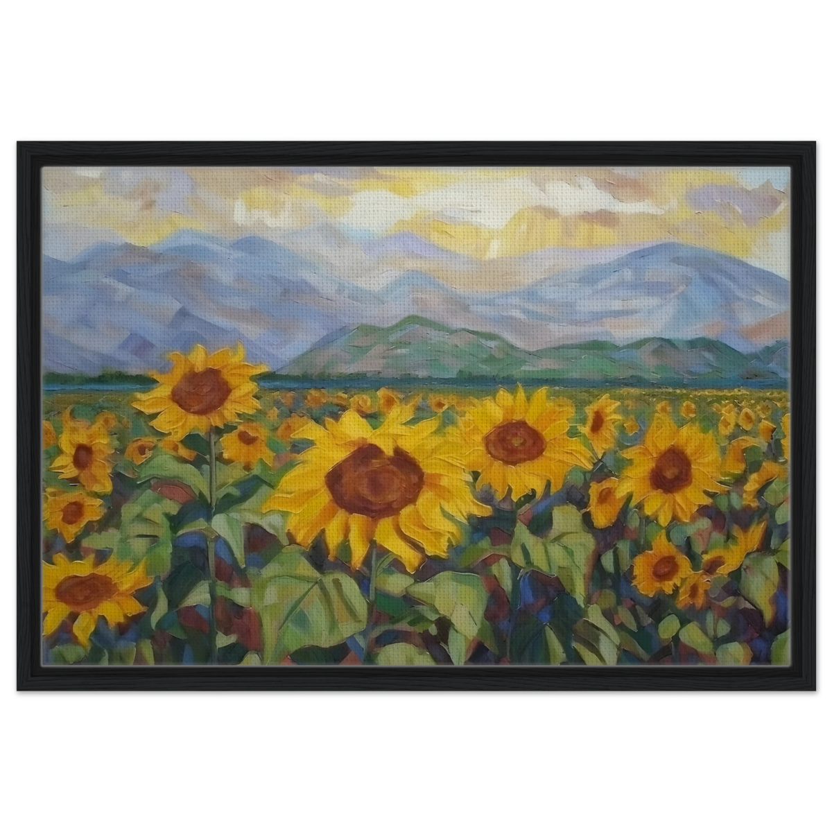 Sunlit Field of Sunflowers – Landscape Floral Wall Art Print - Framed Canvas - 50x75 cm / 20x30″ - Black frame