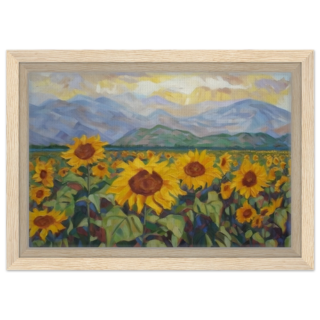 Sunlit Field of Sunflowers – Landscape Floral Wall Art Print - Framed Canvas - 20x30 cm / 8x12″ - Wood frame