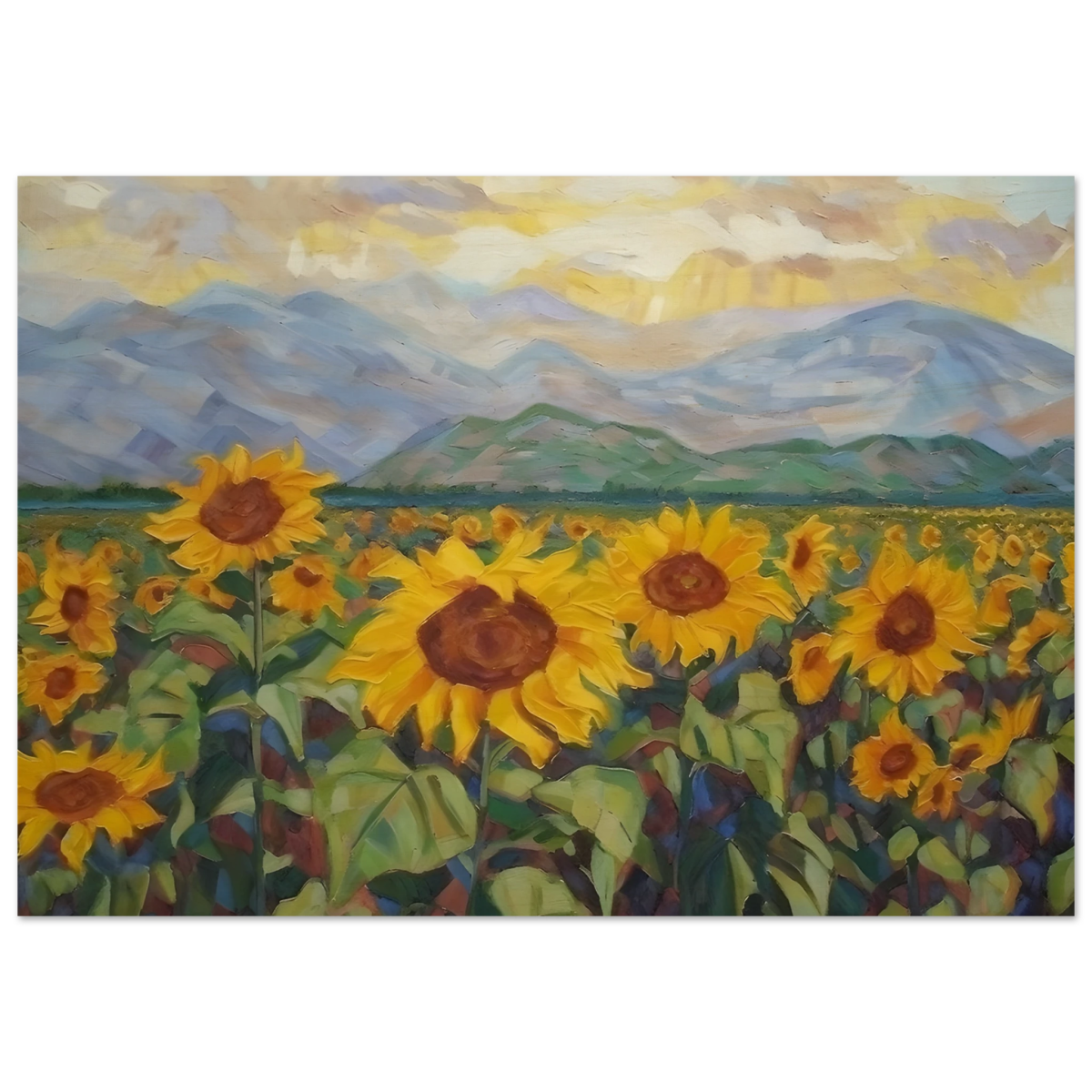 Sunlit Field of Sunflowers – Landscape Floral Wall Art Print - Wood Prints - 70x100 cm / 28x40″ - 
