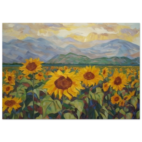 Sunlit Field of Sunflowers – Landscape Floral Wall Art Print - Wood Prints - 70x100 cm / 28x40″ - 