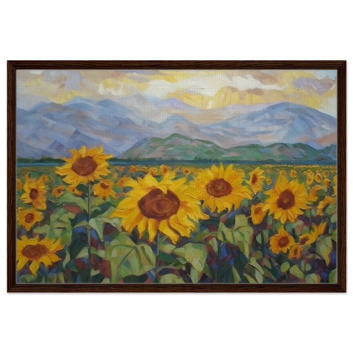 Sunlit Field of Sunflowers – Landscape Floral Wall Art Print - Framed Canvas - 60x90 cm / 24x36″ - Dark wood frame