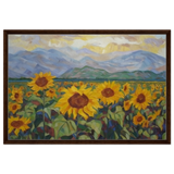 Sunlit Field of Sunflowers – Landscape Floral Wall Art Print - Framed Canvas - 60x90 cm / 24x36″ - Dark wood frame