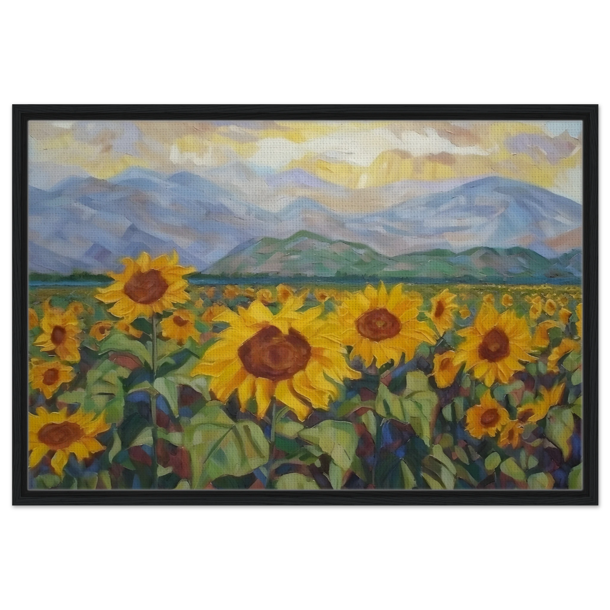 Sunlit Field of Sunflowers – Landscape Floral Wall Art Print - Framed Canvas - 60x90 cm / 24x36″ - Black frame