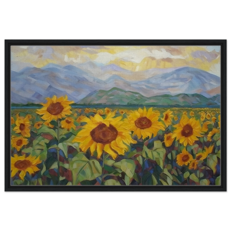 Sunlit Field of Sunflowers – Landscape Floral Wall Art Print - Framed Canvas - 60x90 cm / 24x36″ - Black frame