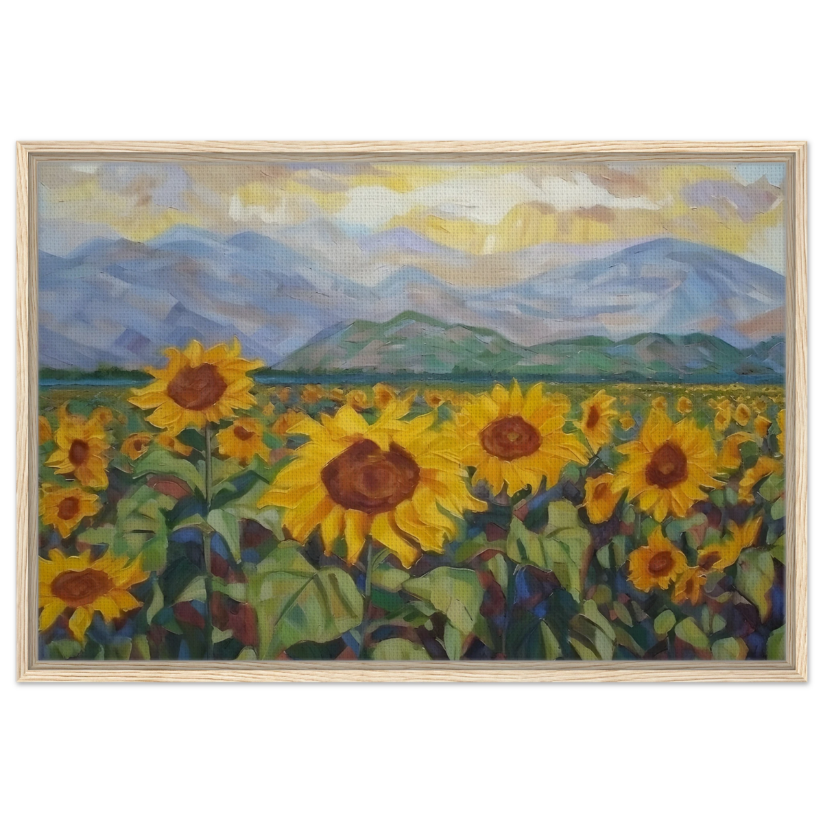 Sunlit Field of Sunflowers – Landscape Floral Wall Art Print - Framed Canvas - 60x90 cm / 24x36″ - Wood frame