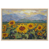Sunlit Field of Sunflowers – Landscape Floral Wall Art Print - Framed Canvas - 60x90 cm / 24x36″ - Wood frame
