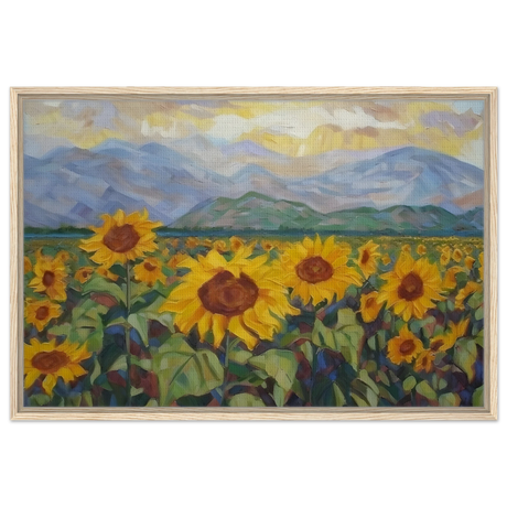 Sunlit Field of Sunflowers – Landscape Floral Wall Art Print - Framed Canvas - 60x90 cm / 24x36″ - Wood frame