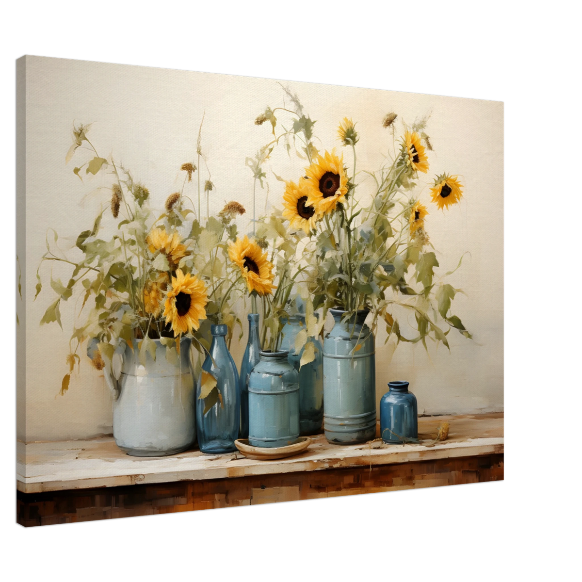 Sunlit Harmony – Sunflowers in Blue Vases Still Life Wall Art Print - Canvas - 70x100 cm / 28x40″ - 