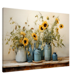 Sunlit Harmony – Sunflowers in Blue Vases Still Life Wall Art Print - Canvas - 70x100 cm / 28x40″ - 