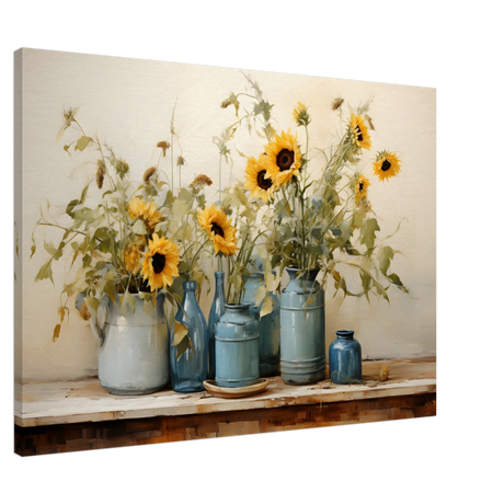 Sunlit Harmony – Sunflowers in Blue Vases Still Life Wall Art Print - Canvas - 70x100 cm / 28x40″ - 