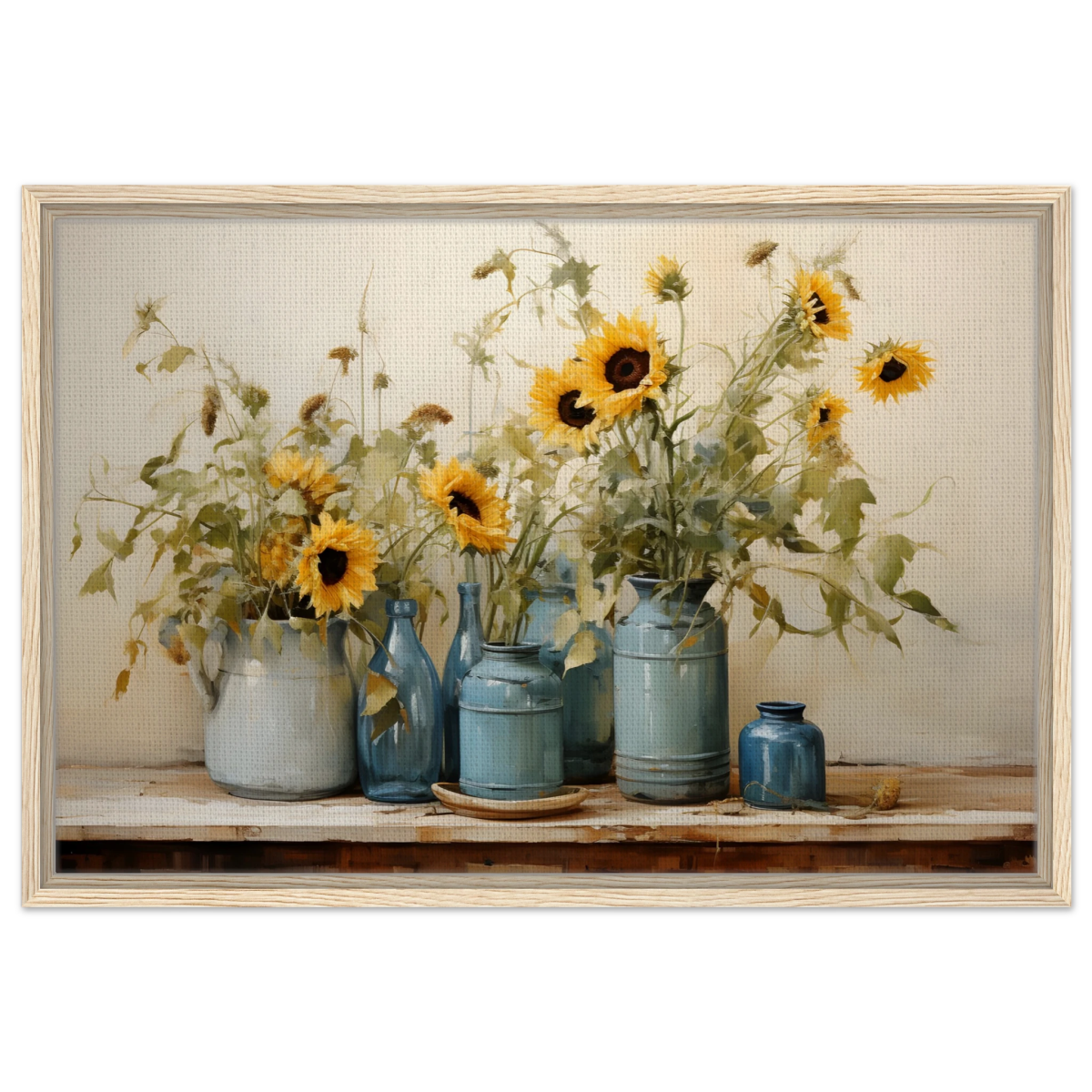Sunlit Harmony – Sunflowers in Blue Vases Still Life Wall Art Print - Framed Canvas - 50x75 cm / 20x30″ - Wood frame
