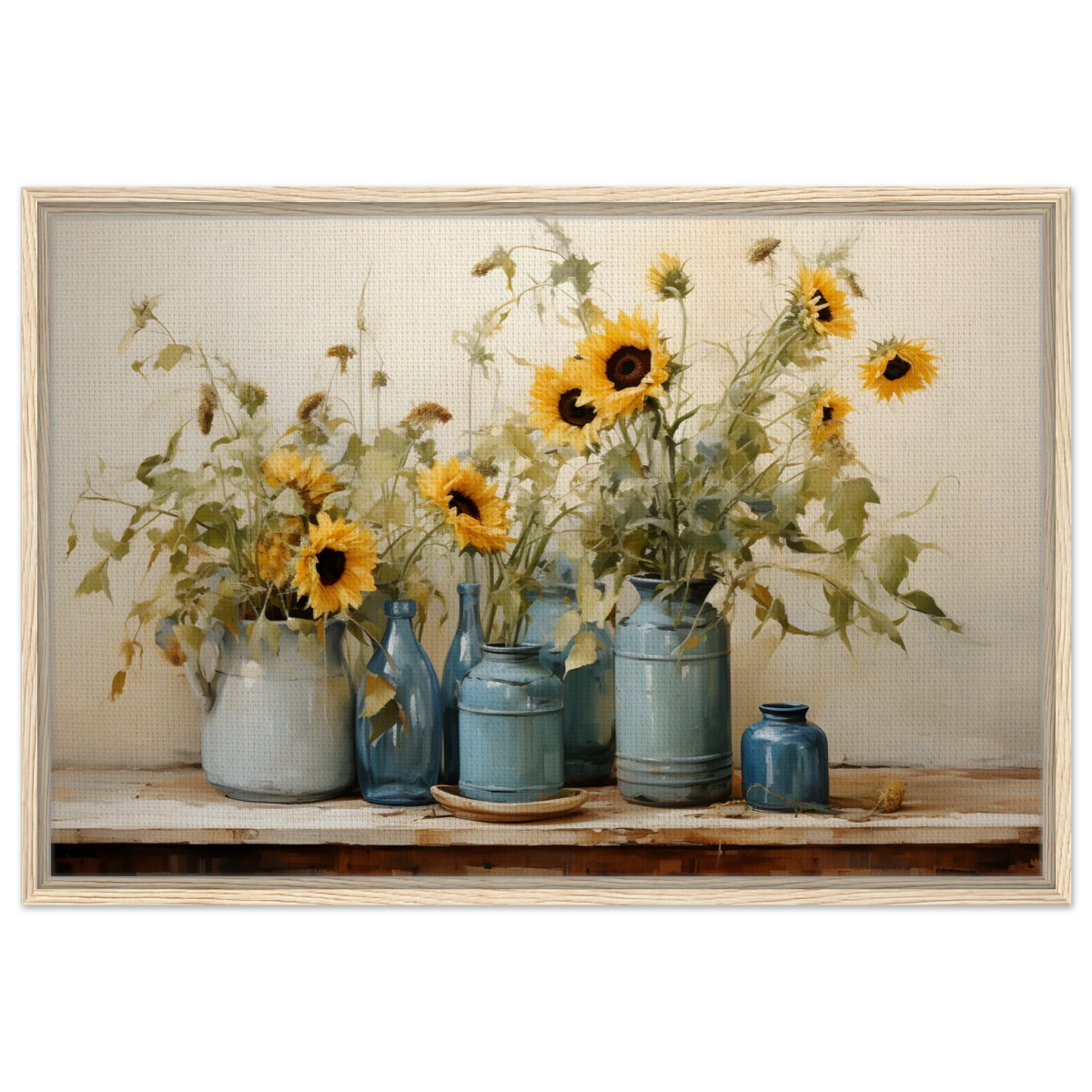 Sunlit Harmony – Sunflowers in Blue Vases Still Life Wall Art Print - Framed Canvas - 60x90 cm / 24x36″ - Wood frame
