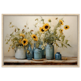 Sunlit Harmony – Sunflowers in Blue Vases Still Life Wall Art Print - Framed Canvas - 60x90 cm / 24x36″ - Wood frame