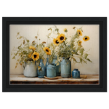 Sunlit Harmony – Sunflowers in Blue Vases Still Life Wall Art Print - Framed Canvas - 20x30 cm / 8x12″ - Black frame
