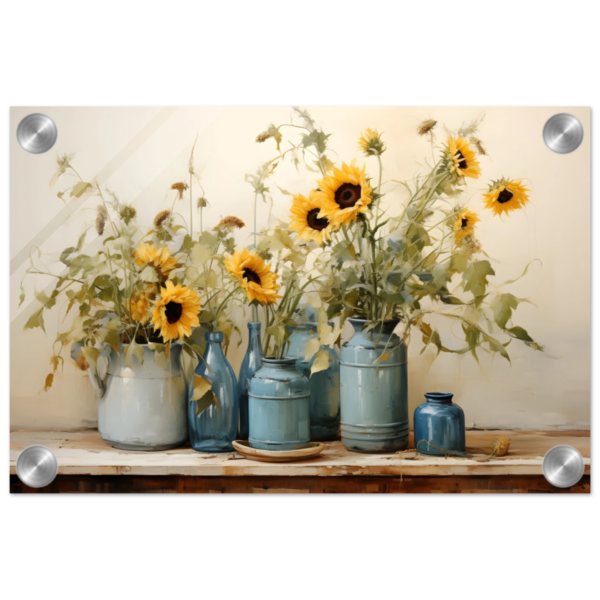 Sunlit Harmony – Sunflowers in Blue Vases Still Life Wall Art Print - Acrylic Print - 20x30 cm / 8x12″ - 