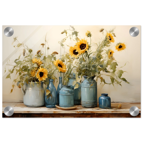 Sunlit Harmony – Sunflowers in Blue Vases Still Life Wall Art Print - Acrylic Print - 20x30 cm / 8x12″ - 