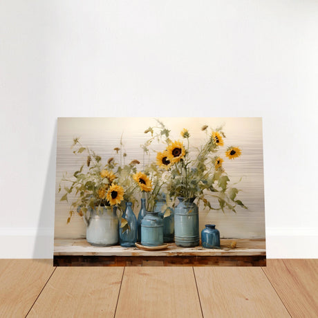 Sunlit Harmony – Sunflowers in Blue Vases Still Life Wall Art Print - Brushed Aluminum Print - 70x100 cm / 28x40″ - 