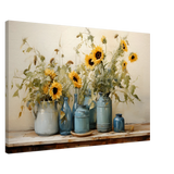 Sunlit Harmony – Sunflowers in Blue Vases Still Life Wall Art Print - Canvas - 60x90 cm / 24x36″ - 